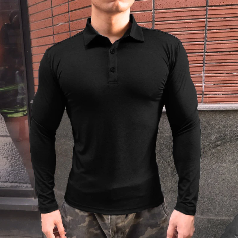 春秋健身休闲长袖翻领POLO衫速干紧身立领T恤私教弹力工服运动衫