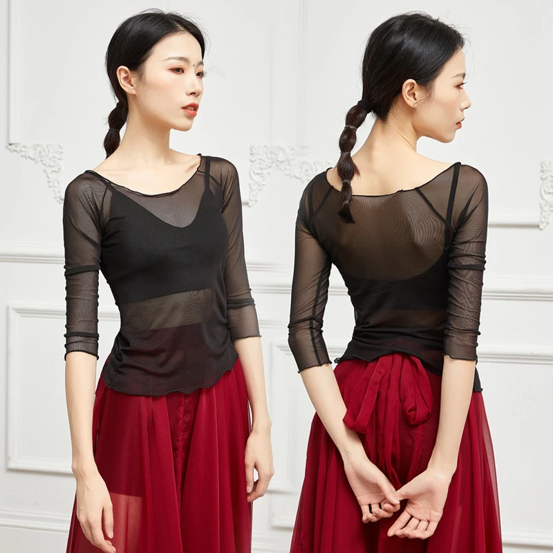 2024夏新款芭蕾舞蹈练功服上衣网纱衣成人夏女健美体操舞蹈服装