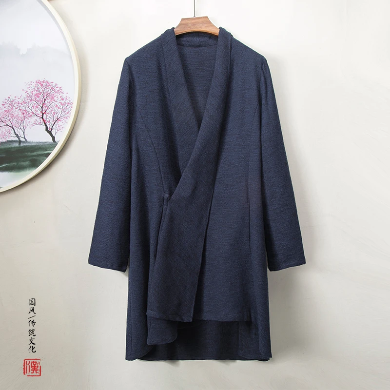 秋季棉麻汉服中长款中国风亚麻披风男士中式禅修服粗麻复古男装