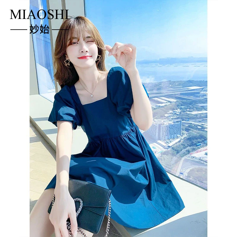 MIAOSHI/妙始小个子蓝色雪纺连衣裙女春夏新款收腰显瘦气质裙子