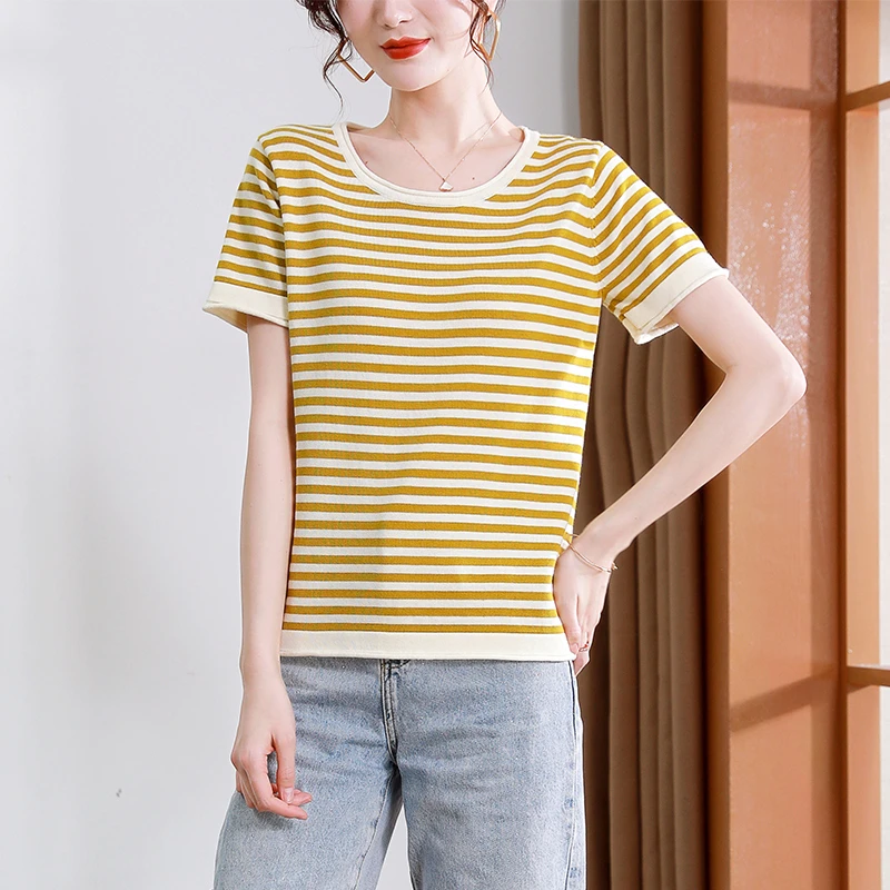 204条纹t恤女夏短款短袖棉T恤2024新款针织打底圆领撞色上衣套衫