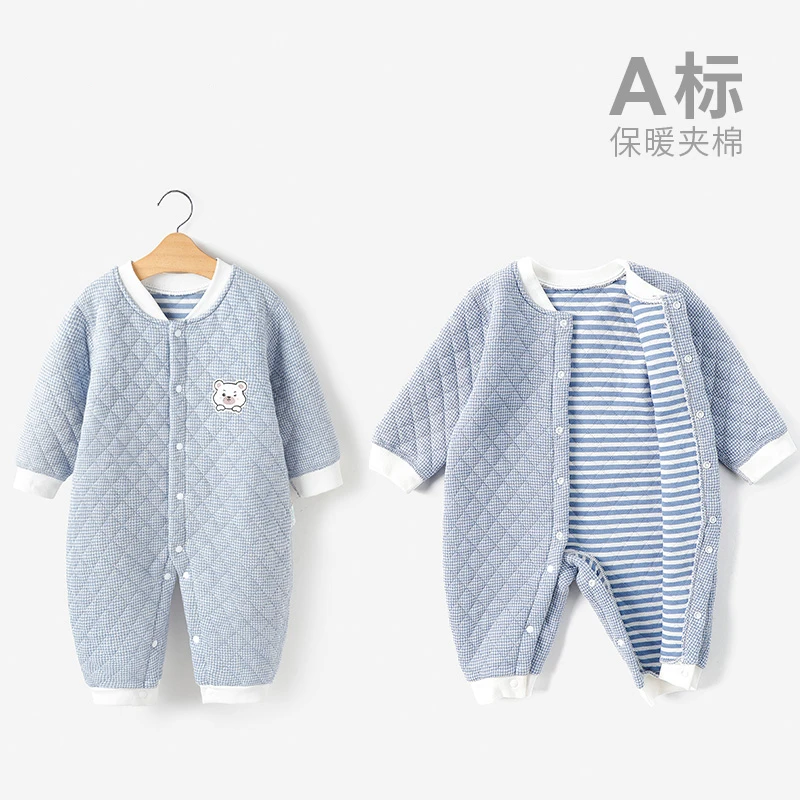 婴儿纯棉秋冬季连体衣夹棉衣服保暖款睡衣新生儿哈衣爬服长袖