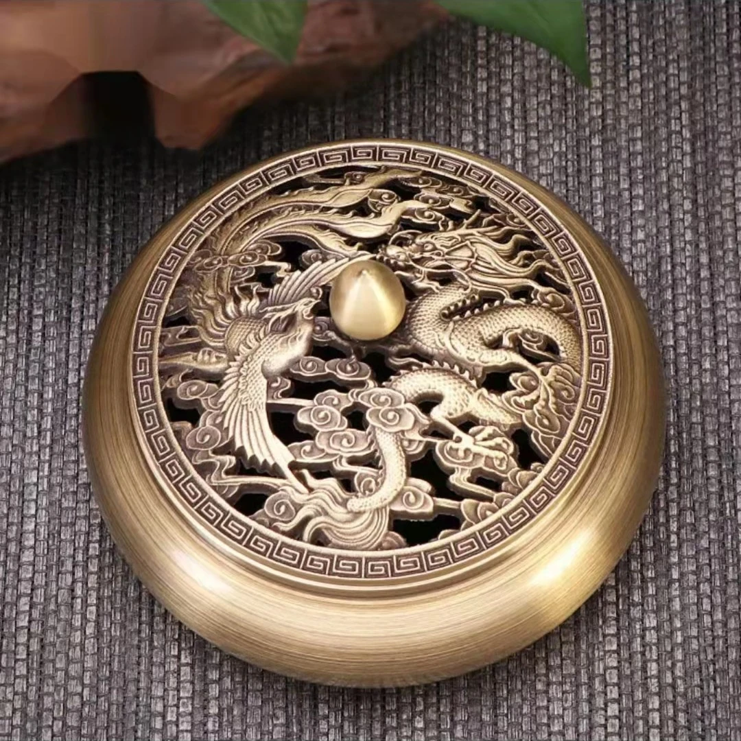 铜制吉祥龙凤香炉家用摆件熏香炉点火檀香炉 直径9高度 创意书房