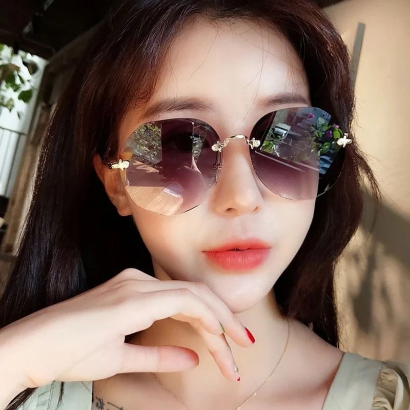 无边框圆形太阳镜切边渐变色气质舒适墨镜透明海洋片时尚防紫外线