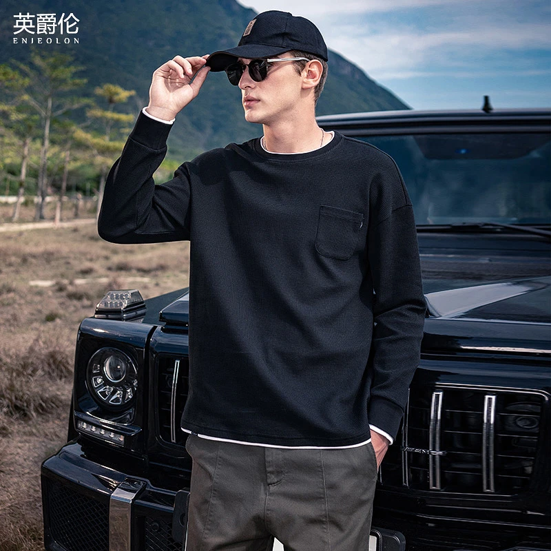 华夫格 男士长袖T恤秋季新款体恤宽松休闲男装上衣春秋RST8671-1