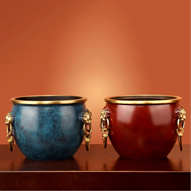 《故宫铜缸》黄铜聚宝盆摆件中式招财客厅玄关居家工艺品狮耳香炉