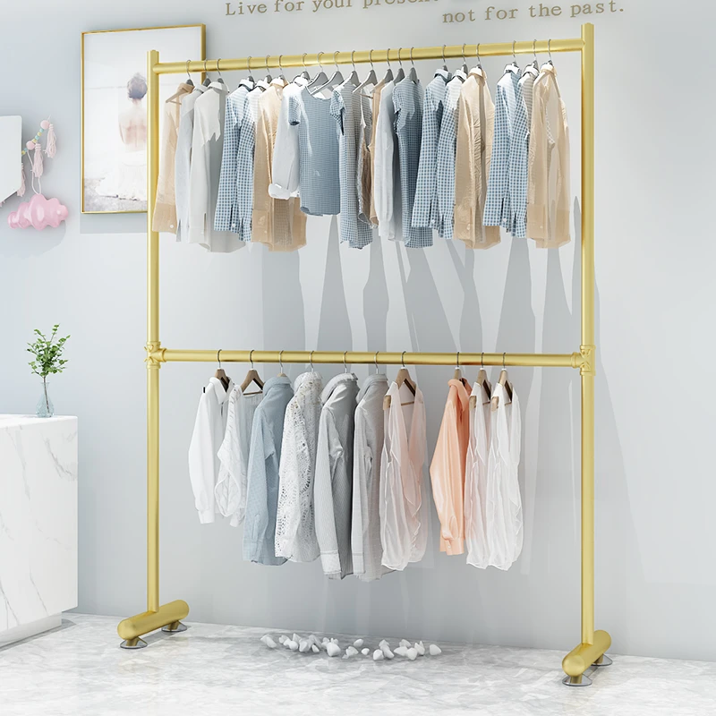 服装展示架女装店货架双层挂衣架落地网红直播晾衣架金色陈列道具