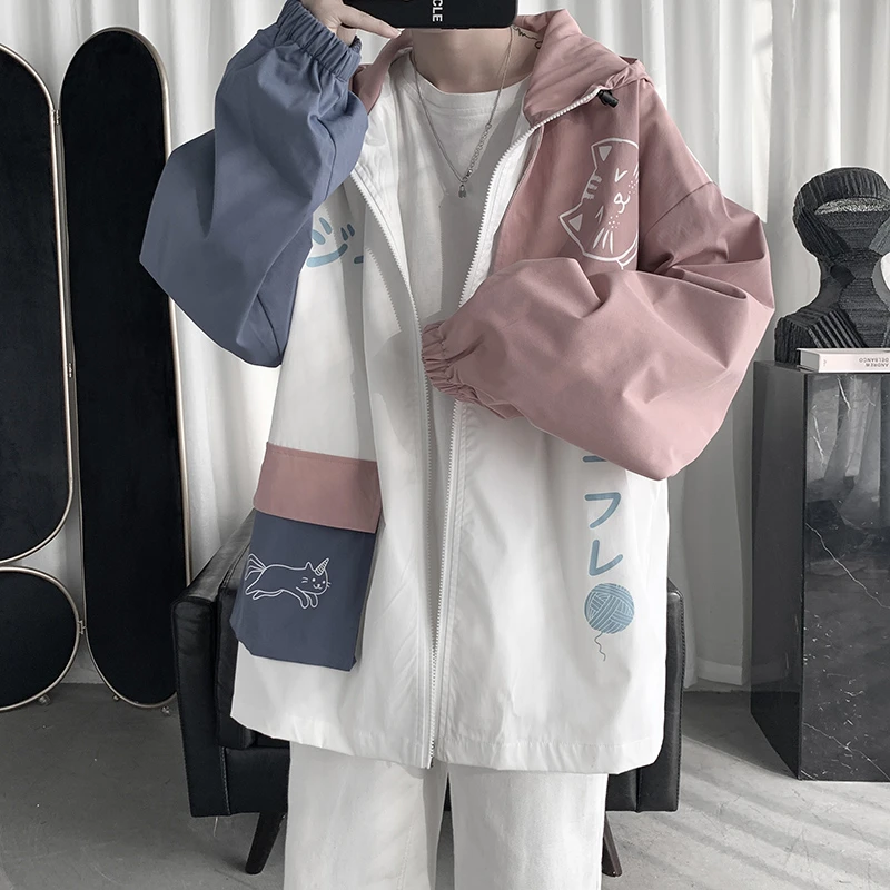 港风潮流小猫情侣拼色夹克休闲男外套百搭春季痞帅气宽松高档学生