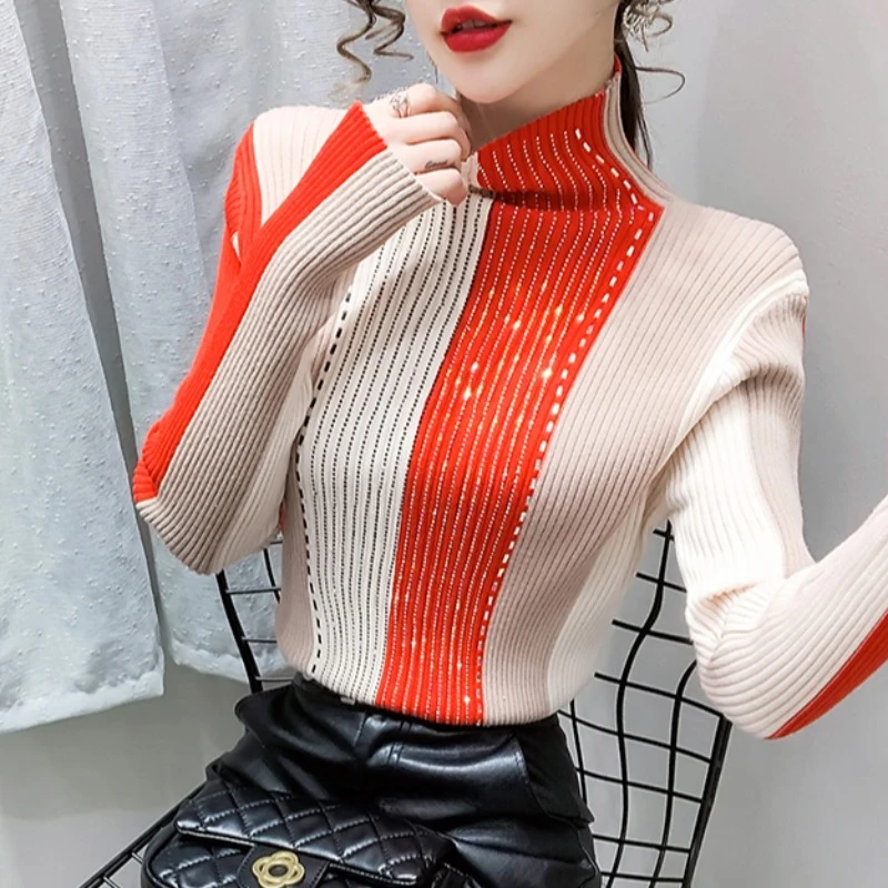 拼色条纹烫钻高领毛衣女2024秋冬新款洋气内搭套头上衣针织打底衫