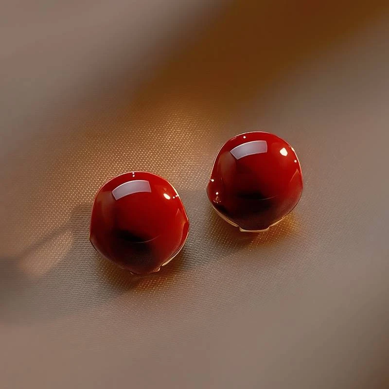 铜合金耳饰 复古中国风设计感红色豆豆耳钉秋冬小众耳环耳饰F390