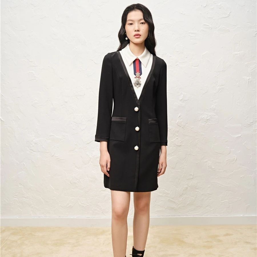 奥丽嘉朵金标气质长袖时尚女士黑色修身商务职业连衣裙1C32105110