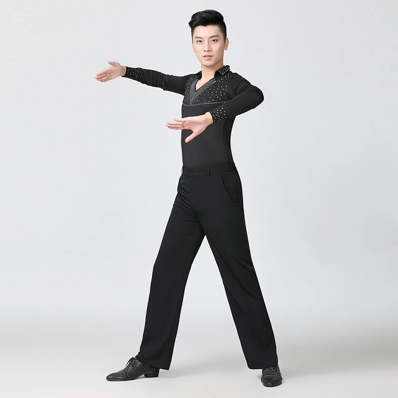 XISAA男士摩登国际恰恰外贸表演烫钻上衣配拉丁舞训练长袖套装