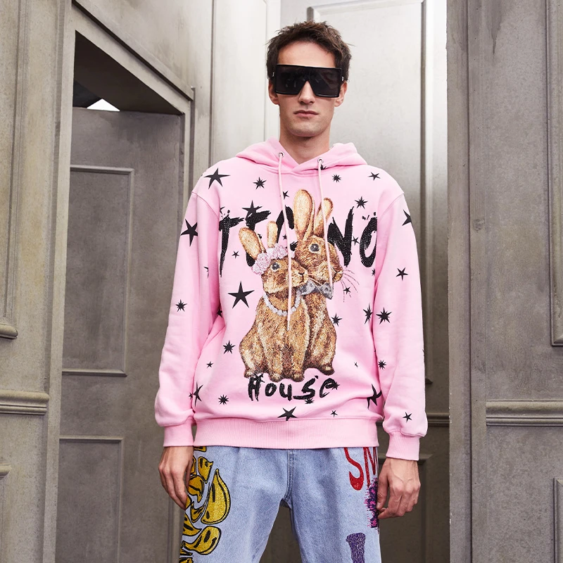 奥莱-TCH可爱兔子星星休闲潮流带帽烫钻粉色连帽衫卫衣T212126012