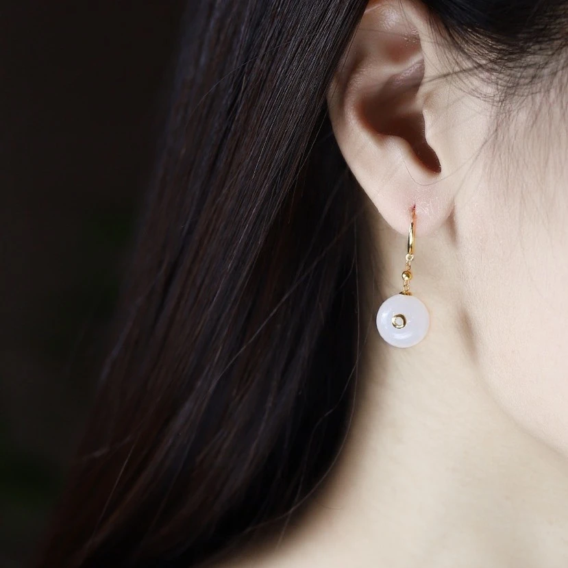 通体18K金镶嵌和田白玉鼓珠耳坠 金珠耳坠18k金贴片