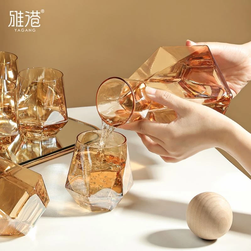 清新高颜值水杯玻璃杯玻璃大容量琥珀色六角杯清新高颜值水杯