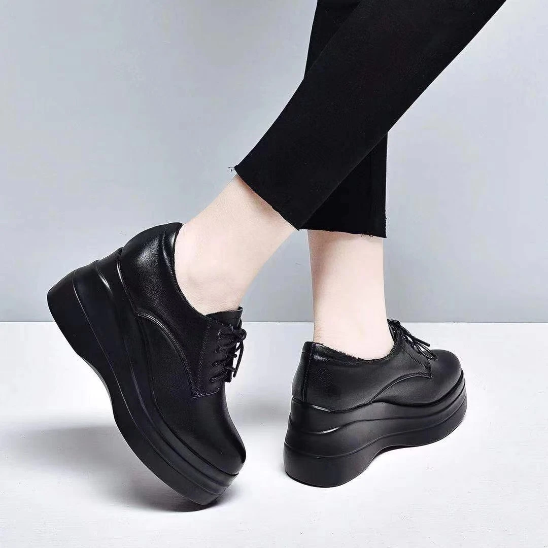 春秋坡跟增高单鞋春季系带松糕软底鞋厚底真皮小个子8-10厘米女鞋