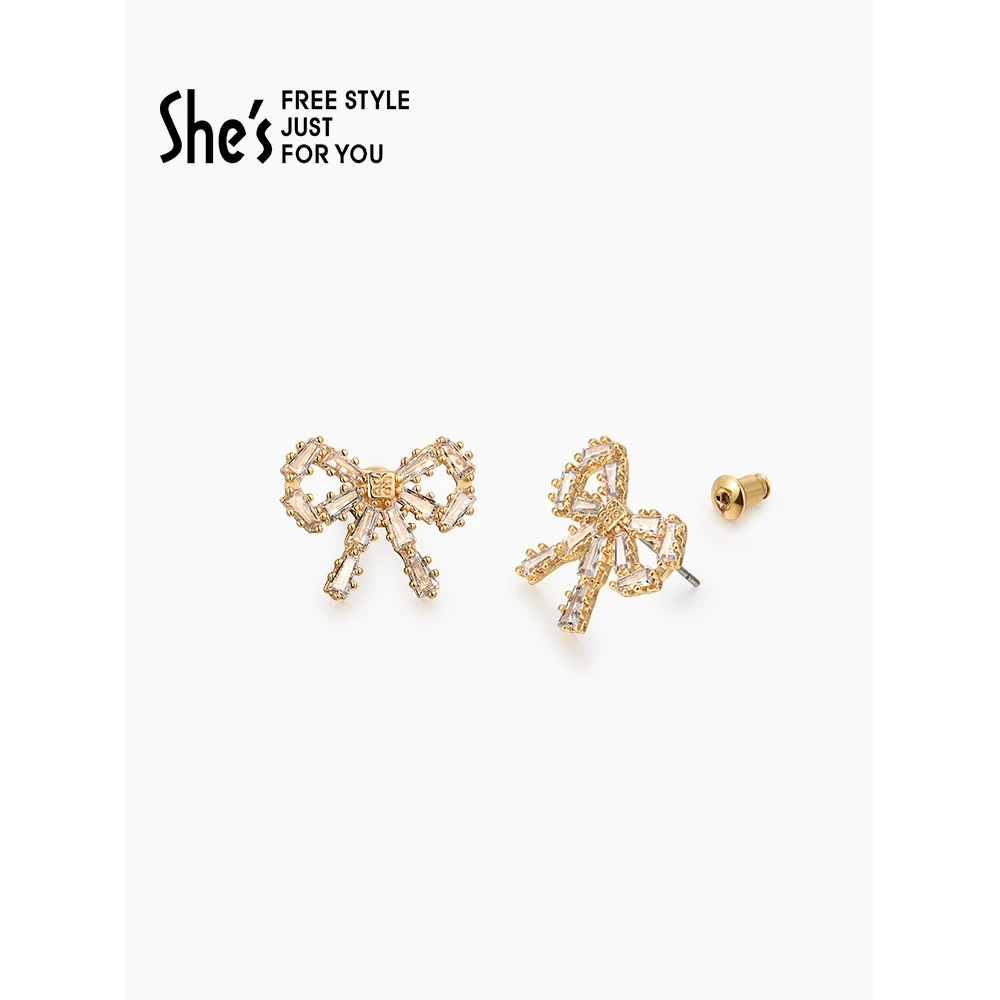 铜合金合成锆石耳饰 shes陪伴系列璀璨蝴蝶结显脸小轻奢耳钉