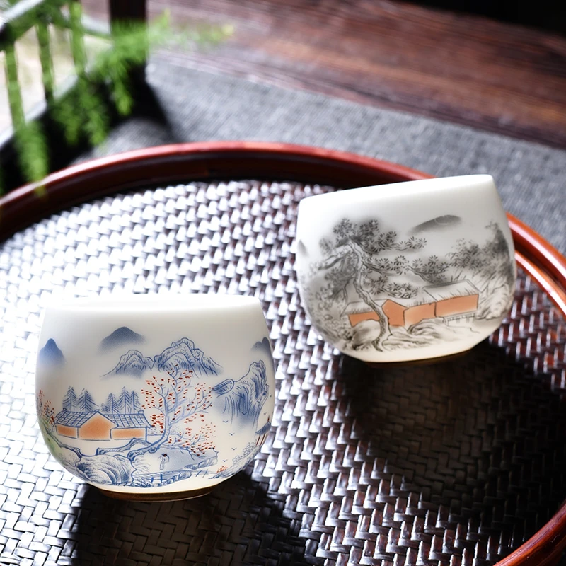 仁坤羊脂玉白瓷罗汉杯素烧茶具手绘品茗杯功夫茶杯主人杯送礼