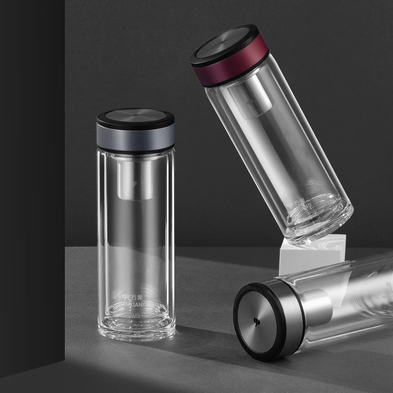 万象玻璃杯双层男士商务办公车载水杯带滤网大容量便携泡茶杯隔热