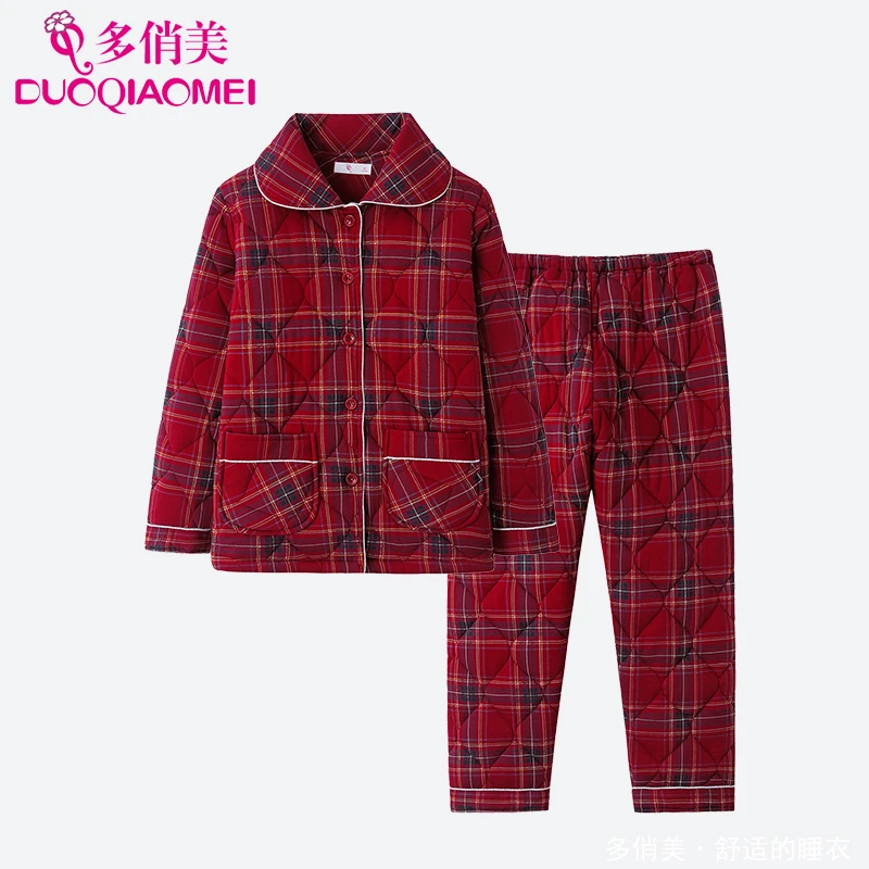 睡衣女士秋冬季冬天加厚纯棉夹棉加棉保暖家居服全棉大红色本命年