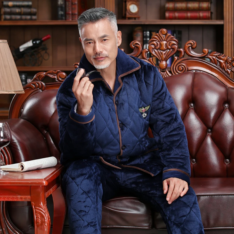 睡衣冬季男士家居服三层加厚保暖加棉加绒中老年人爸爸款大码棉袄