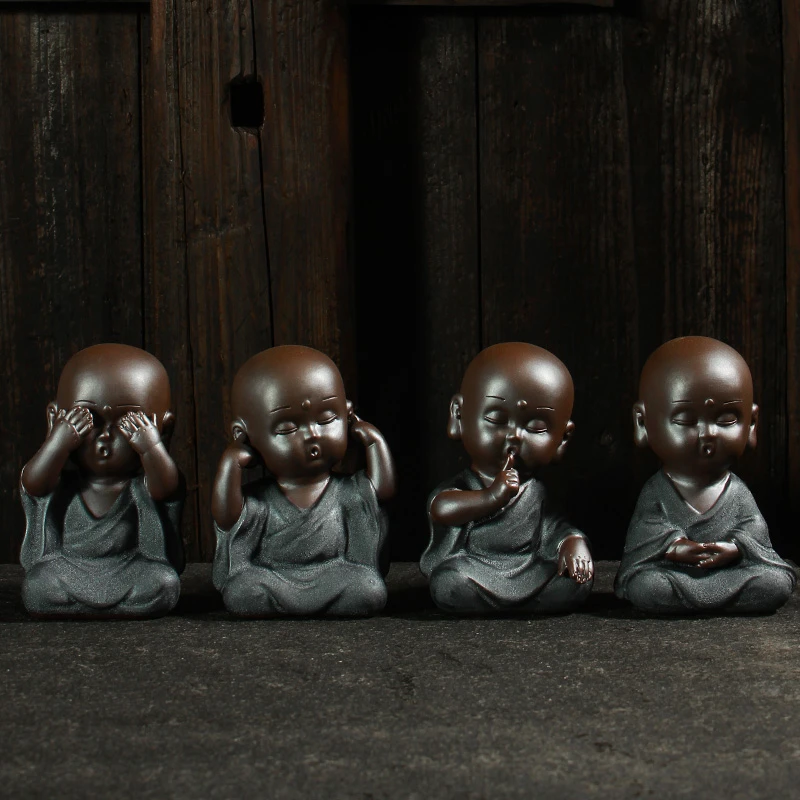 器熙茶宠创意假山流水器摆件四不小和尚不说不看茶玩沙弥茶盘配件