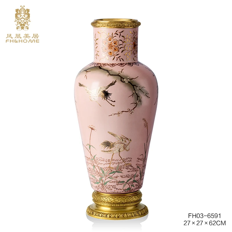 FH&HOME/凤凰美居仿古做旧彩绘鹤舞桃红系列陶瓷器皿客厅装饰摆件