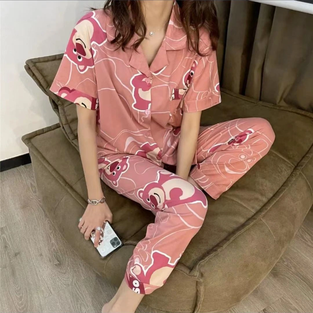 春秋款开衫翻领可爱粉熊睡衣女可可爱爱小熊三件套