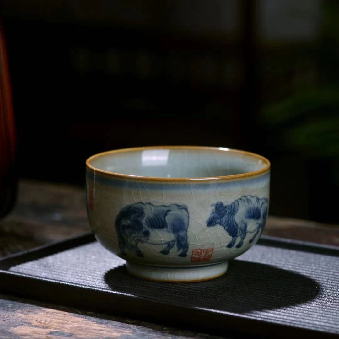 A101 景德镇老陶泥青花五牛图主人杯开片主人杯高端茶器