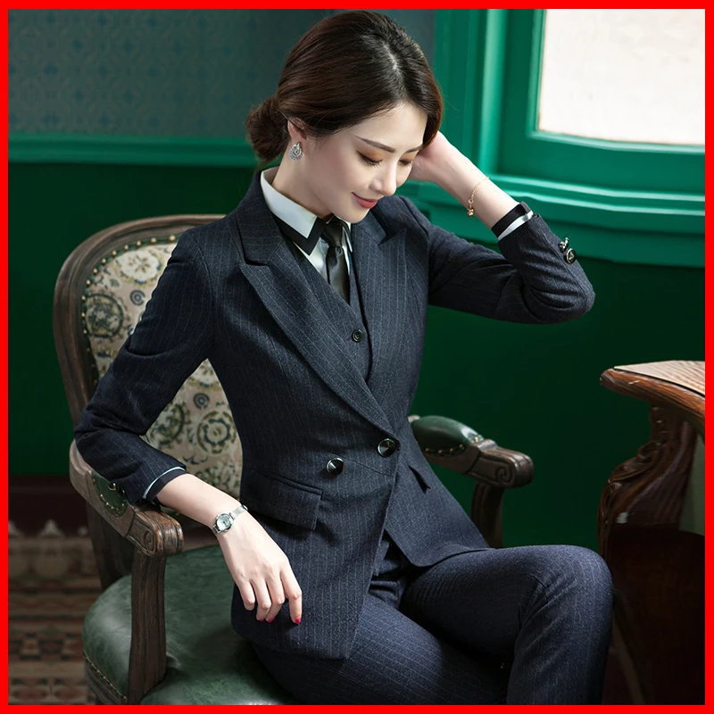 966条纹职业装套装女酒店工作服套装条纹西服套装幼师正装套装女