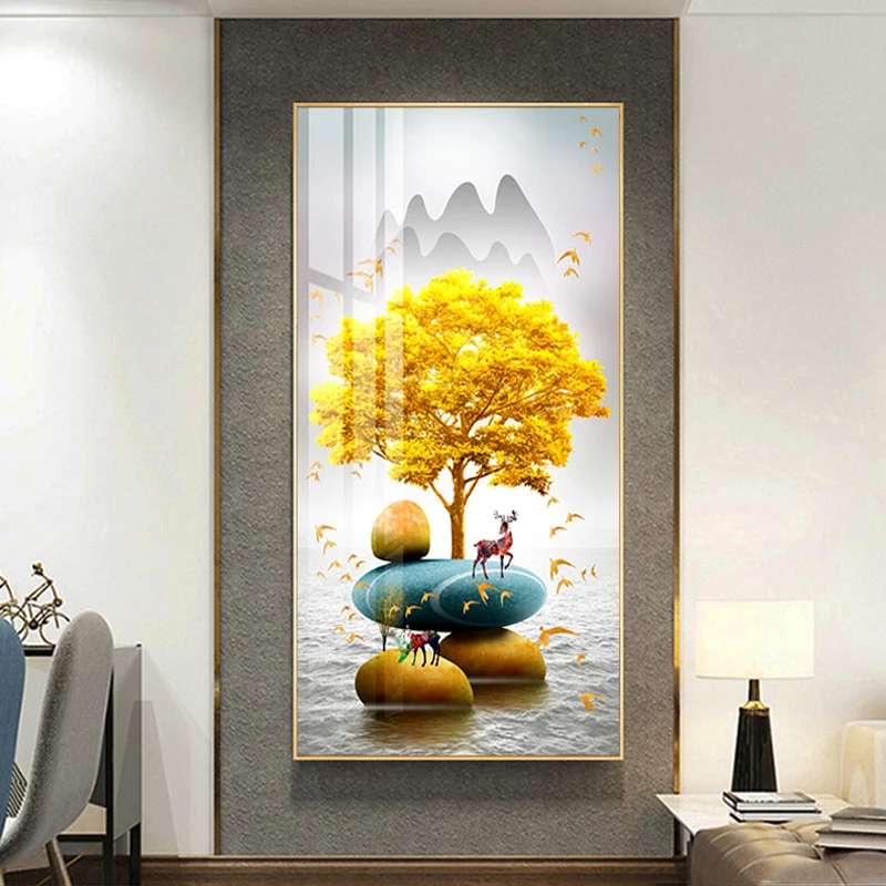 玄关装饰画鹿客厅过道走廊墙面挂画竖版轻奢晶瓷石来运转