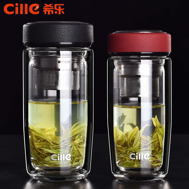 希乐加厚双层玻璃杯男士便携水杯女隔热带盖大容量杯子家用泡茶杯