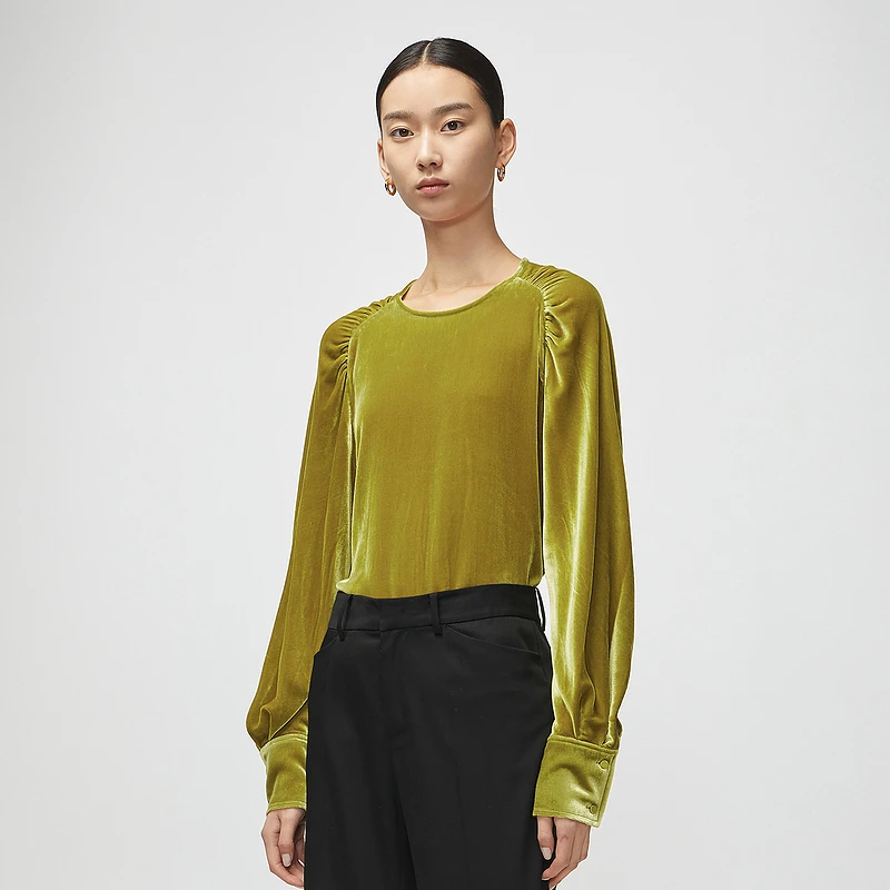LESS含桑蚕丝丝绒上衣女宽松质感圆领复古圆领衬衣2L7231170