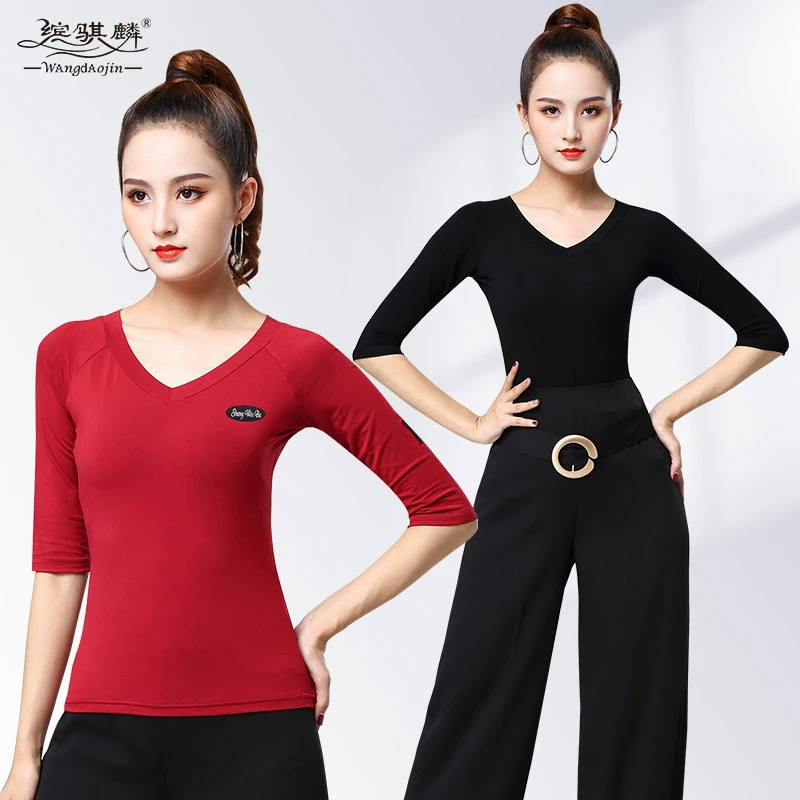 2023新款舞衣拉丁舞上衣女国标舞中袖形体练功服v领摩登舞舞蹈服