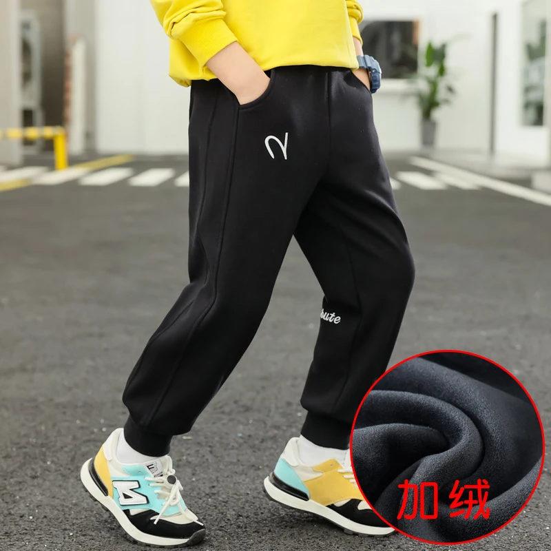 男童冬裤子加绒2023加厚儿童秋冬厚款外穿保暖绣花中大童运动长裤