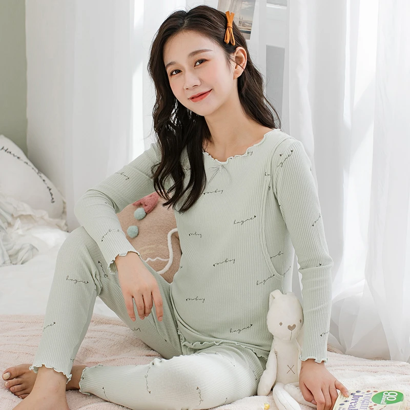 家时光6850#孕妇秋衣秋裤套装保暖内衣哺乳秋冬月子服纯棉家居服
