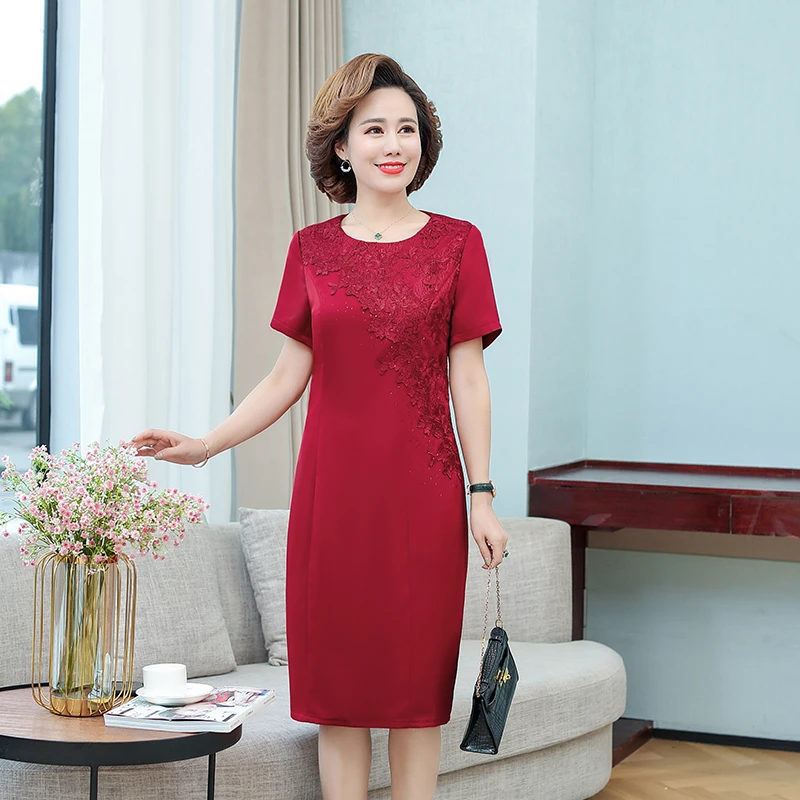 夏季女敬酒结婚妈妈装短袖薄款绣花绸缎红色婚宴礼服婚礼旗袍裙