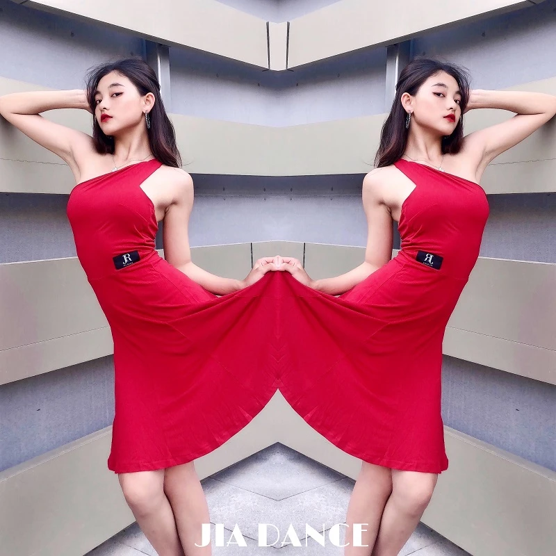 JIA DANCE【清仓款】拉丁舞新款连衣裙女斜肩美背大裙摆带胸垫R33