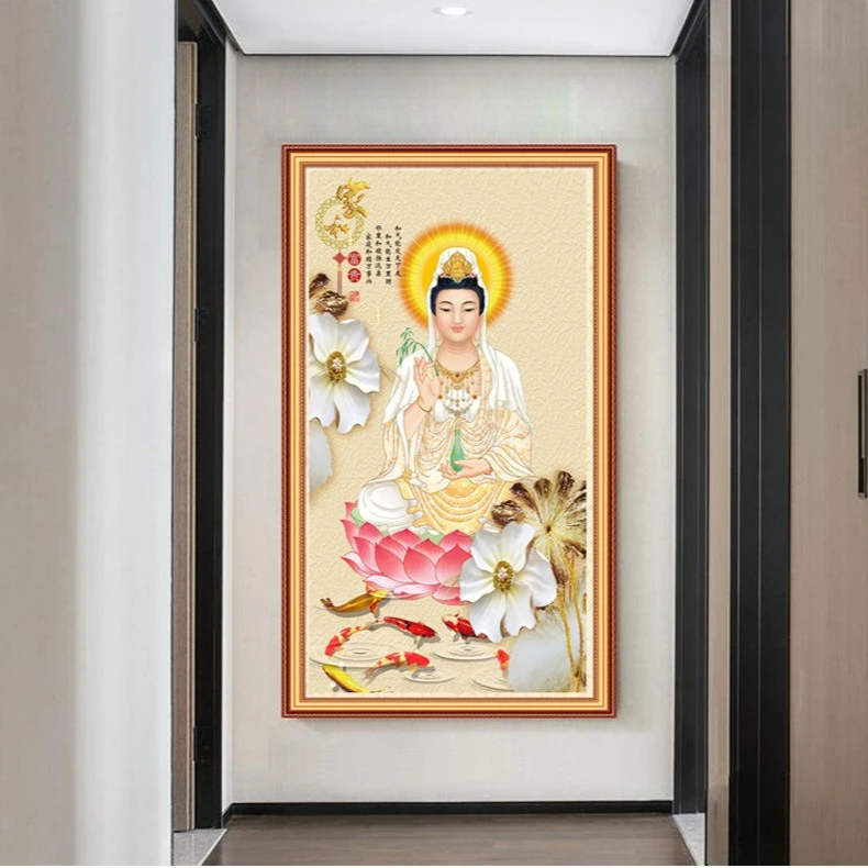 十字绣观世音佛像挂画家用客厅玄关竖版新款印花自己线绣简单初学