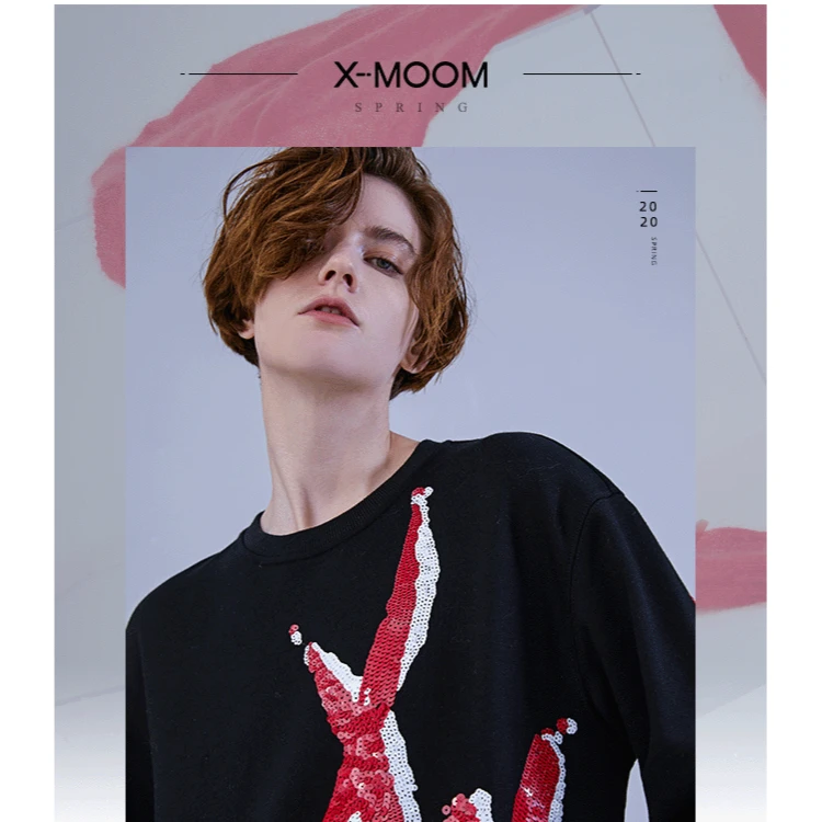 X-MOOM亮片装饰款黑色圆领无帽短款卫衣宽松春秋季刺绣ZTCIC15057