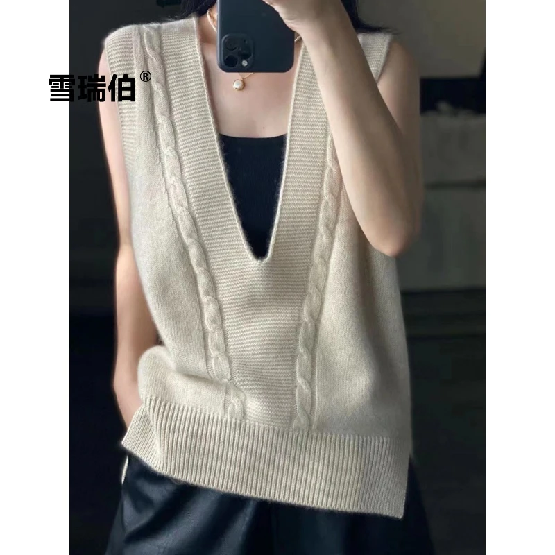 慵懒风马夹扭花马甲套头针织背心女秋冬宽松V领无袖坎肩网红春秋