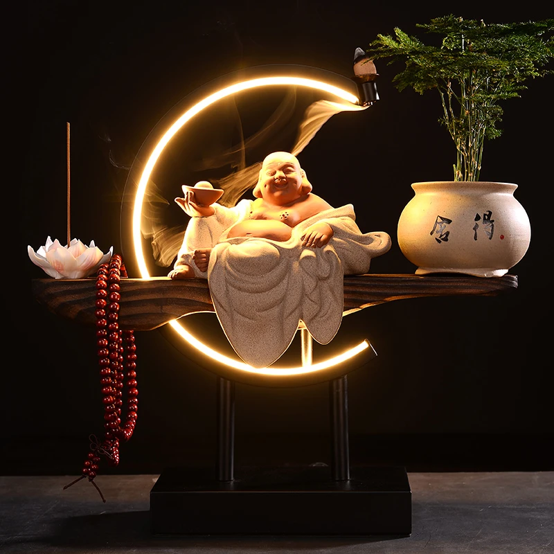 新中式大肚弥勒摆件陶瓷创意带灯光禅意倒流香客厅玄关家居装饰品