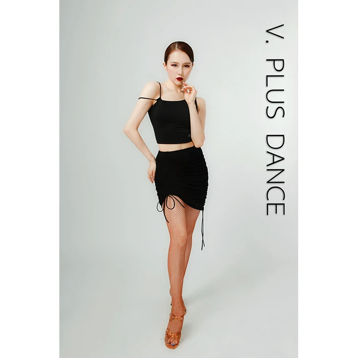 V.PLUS高雪黑色夏季欧美拉丁舞蹈服练习服双抽绳网纱半裙半身裙