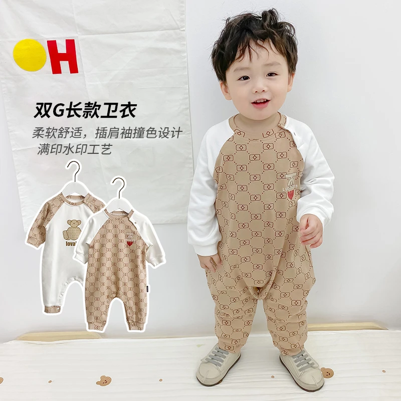 ins婴儿拼接哈衣连体衣爬服春早秋季装卡通网红宝宝可爱卫衣韩版