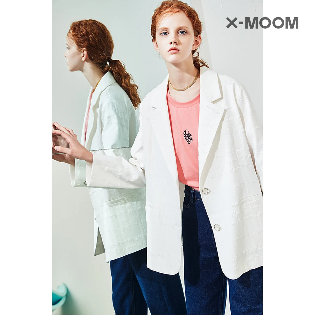 X-MOOM白色西装肌理感泡泡条纹西装长袖宽松休闲衬外套ZTQWX15935