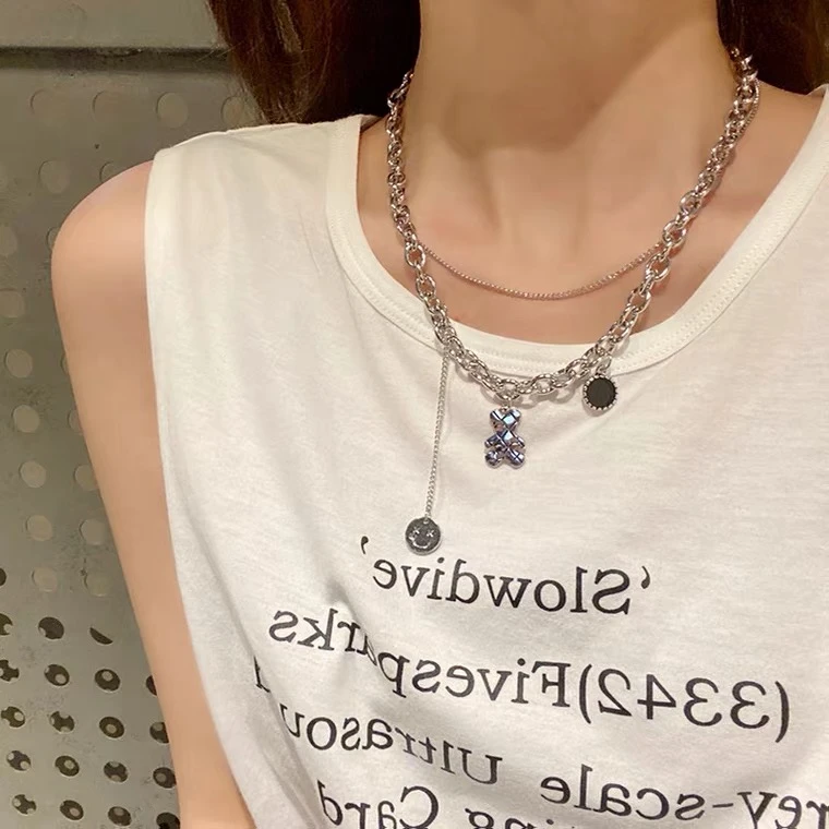 钛钢项链 ins风双层钛钢嘻哈小熊项链