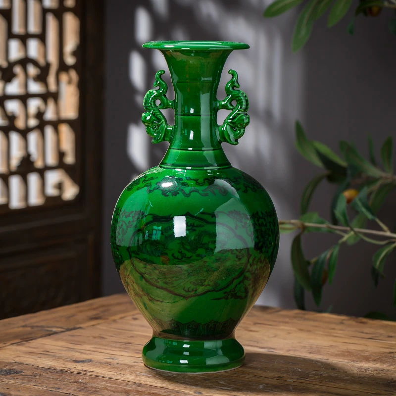 景德镇陶瓷器花瓶绿色创意插花摆件新中式家居客厅装饰品摆设