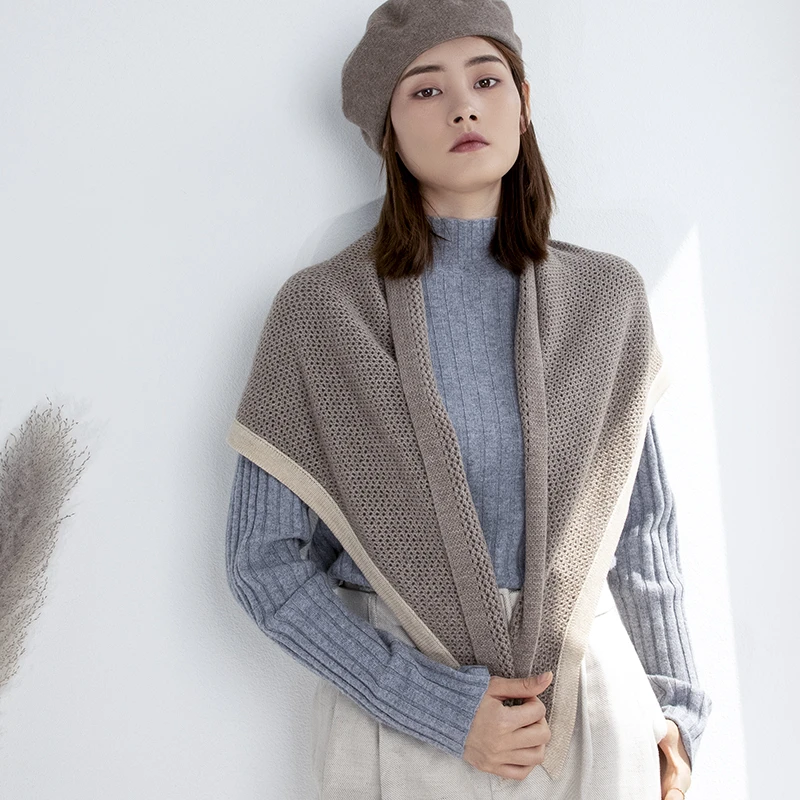 zmbeaute   镂空拼边山羊绒三角巾纯色拼色青绒色无染色围巾
