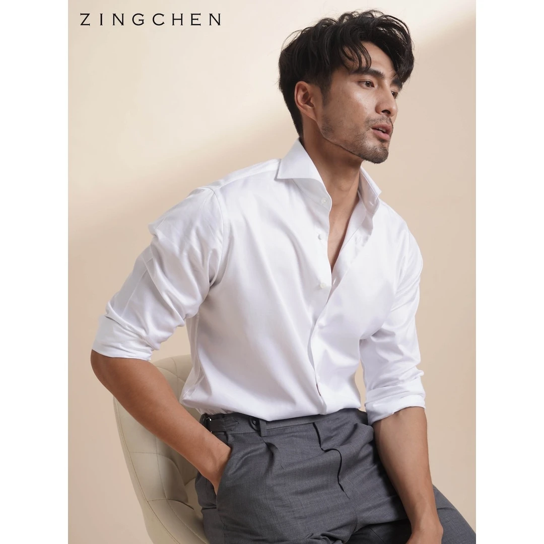 ZINGCHEN白色衬衫长袖男士 意式一字领温莎领商务休闲正装衬衣