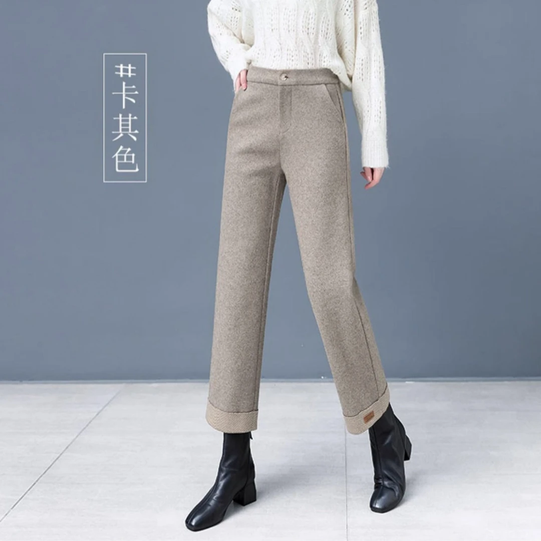 2023年新款直筒毛呢休闲裤女士高腰流行小个子弹力裤子九分裤长裤